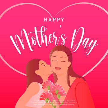 Happy mother's day cartoon daughter kissing mom and holding carnation flower