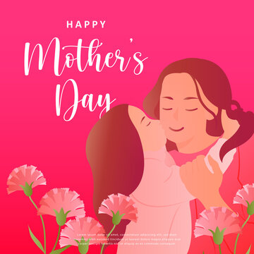 Happy mother's day cartoon daughter kissing mom carnation flower