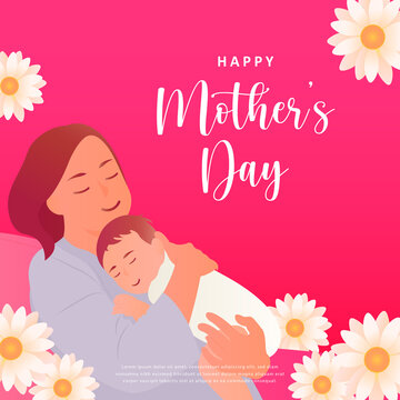 Happy mother's day cartoon mom holding baby with daisy flower background