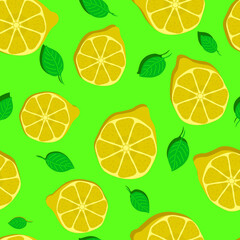 Seamless pattern, lemon halves and leaves