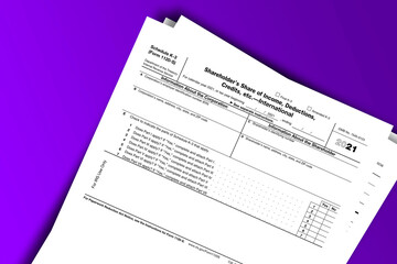 Form 1120-S (Schedule K-3) documentation published IRS USA 44292. American tax document on colored