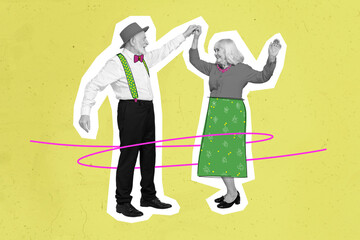 Painted photo image of senior funny couple dancing pensioner meeting discotheque silhouettes...
