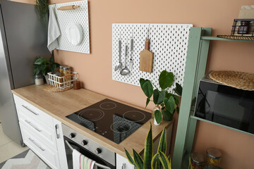 Modern kitchen with wooden counter, pegboards with utensils and shelf unit near color wall