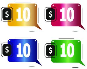 $10 dollars price. Yellow, red, blue and green coin labels.
vector for sales and purchase