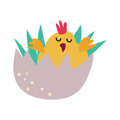 Chicken sits in a in eggshell. Easter Bird Vector Illustration in cartoon flat and naive style