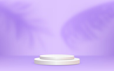 Cylinder wood podium in purple background with shadow leaves.