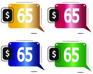 $65 dollars price. Yellow, red, blue and green coin labels.
vector for sales and purchase
