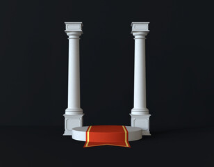 3d background of greek or rome interior scene with pedestal. stage to show cosmetic products 3d renderings