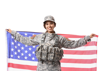 African-American female soldier with USA flag on white background