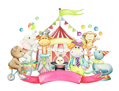 Hippopotamus, giraffe, bear, seal, rabbit, elephant, monkey. Watercolor clipart, on an isolated background, cute animals, on the background of a circus tent.