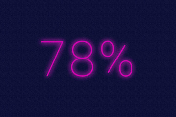 78% percent logo. seventy-eight percent neon sign. Number seventy-eight on dark purple background. 2d image