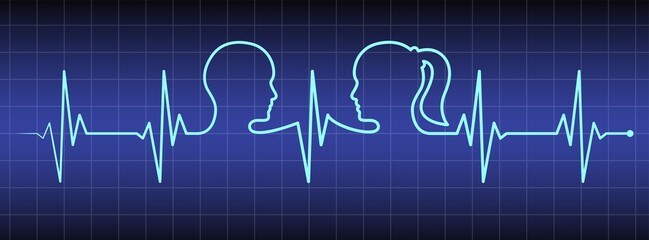 Cardio diagnosis line, man, woman head, love couple line art vector. Heart rhythm ekg vector design to use in love, healthy lifestyle, emotion, family concept illustration projects.
