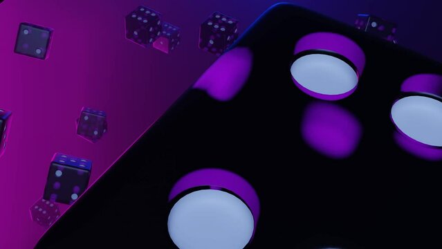 Purple dice falling down on gradient background. Gambling concept. Casino. 