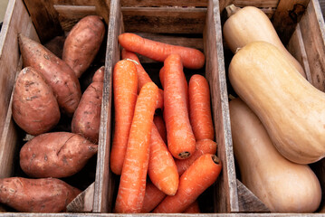 Crate with sweet potatoes, carrots and butternut squash