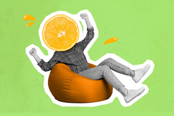 Picture of alien model with big half of orange fruit instead head sitting big fluffy armchair...