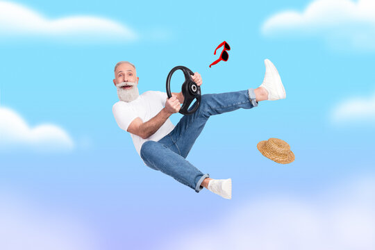 Elderly man cant drive car got accident levitating free fall with steering wheel stupid idiot facial expression graphic illustration image picture