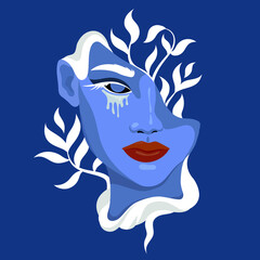 Portrait of a blue face girl. Girl nature crying with tears