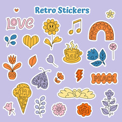 Collection of Positive, Hippie style stickers. vibrant, retro style design elements. Psychedelic 60s, 70s drawings. Label design, scrapbook, stationery. Smiles, flowers, trendy cartoon vector set.