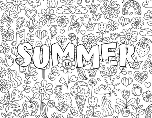 Summer. Hand drawn coloring pages for kids and adults. Motivational quotes, text. Beautiful drawings for girls with patterns, details. Coloring book with flowers and  plants. Inspirational message