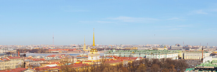 Aerial panoramic view of Admiralty and Hermitage, St Petersburg, Russia. Skyline of Saint Petersburg, top view