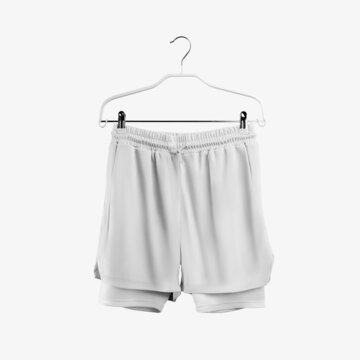 White loose shorts mockup with compression line, drawstring waist, men's sportswear on a hanger, isolated on background, front view.