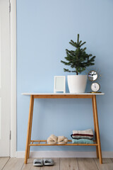 Interior of light room with small Christmas tree near color wall