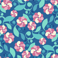 Flower leaves seamless pink green pattern on darck blue stock vector illustration for web, for print
