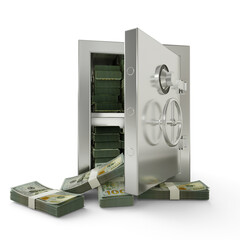 Bundles of US dollars in Steel safe box. 3D rendering of stacks of money inside metallic vault isolated on white background, Financial protection concept, financial safety. - obrazy, fototapety, plakaty