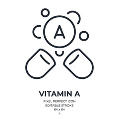 Vitamin A retinol capsule editable stroke outline icon isolated on white background flat vector illustration. Pixel perfect. 64 x 64. - obrazy, fototapety, plakaty