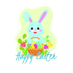 Happy Easter. Greeting card or a posters with easter basket, bunny, spring flowers and Easter egg. Vector illustration.