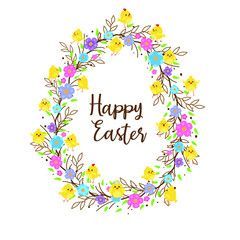 Easter egg decorative frame made of branches with flowers and chickens. Happy easter concept.