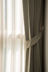 Curtain with warm sunlight. Interior design decoration concept.