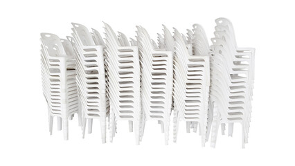 Stacked in rows of white plastic chair on white background