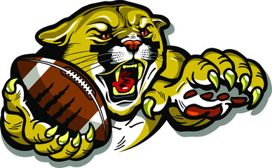 angry cougar mascot holding football in claw for school, college or league