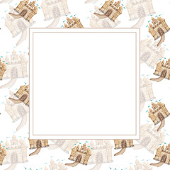 Watercolor frame from hand painted illustration of castle, fortress, palace in sand, brown color with flags, path, stones. Cartoon mansion. Blank template for design postcards, greeting cards