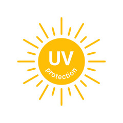Yellow sun with inscription uv protection icon, sunblock from sunshine and solar burn. Circle full sun and sunlight. Hot solar energy for tan. Vector sign