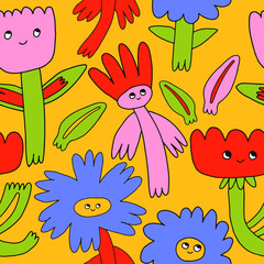 1970 good vibes and 1970 daisy flower.vector psychedelic art - seamless pattern with hippie flowers.Funky and groovy floral ornament.Vibrant square textile with flowers dudes characters.	