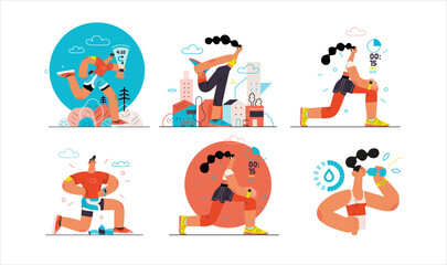 Runners set. Flat vector concept illustrations of male and female athletes running in the park, forest, stadium track or street landscape. Healthy activity and lifestyle. Sprint, jogging, warming up.