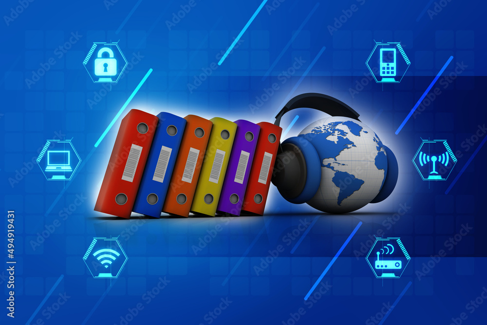 Poster 3d rendering office document binder with headphone connected globe