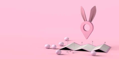 Map with easter bunny ears and easter eggs. 3D illustration. Copy space.