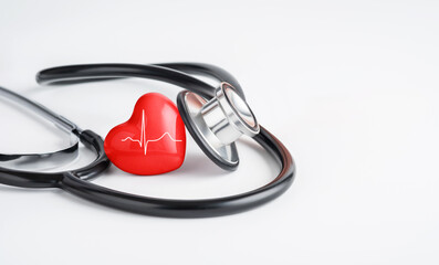 Red heart and stethoscope. Cardiology, heart health and care, Health Day concept. Copy space