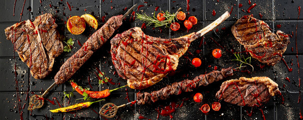 High angle shot of tasty grilled meat steaks and spicy sauces on a black table with fresh tomatoes