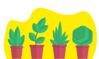 Green plant in vase, flowers in pot flat design style vector