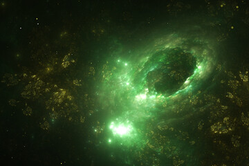 Scenic view of a green galaxy among tiny stars as a background