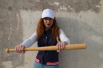 Obraz na płótnie Canvas young and beautiful redhead woman is happy with baseball cap, jacket, baseball bat and jeans, she is posing in front of grey concrete background. Concept sport and recreations.