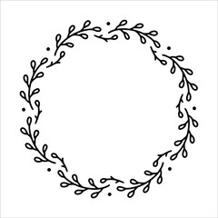 Vector hand drawn spring wreath isolated on white background. Outline circle of leaves. Doodle style. Floral frame. Family monogram.
