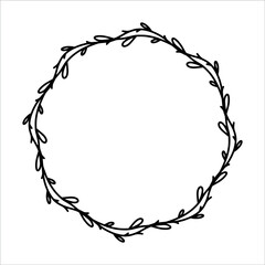 Vector hand drawn spring wreath isolated on white background. Outline circle of leaves. Doodle style. Floral frame. Family monogram.