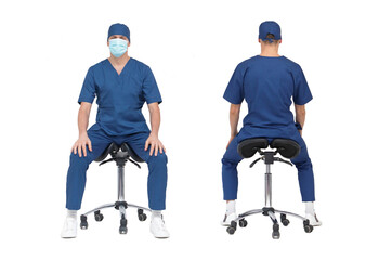 Medical professional male sitting on mobile saddle in correct position - front and back view