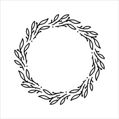 Vector hand drawn spring wreath isolated on white background. Outline circle of leaves. Doodle style. Floral frame. Family monogram.