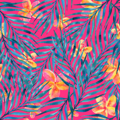 Neon tropical seamless pattern, exotic plumeria flowers and coconut palm leaves on colorful pink background, watercolor texture 